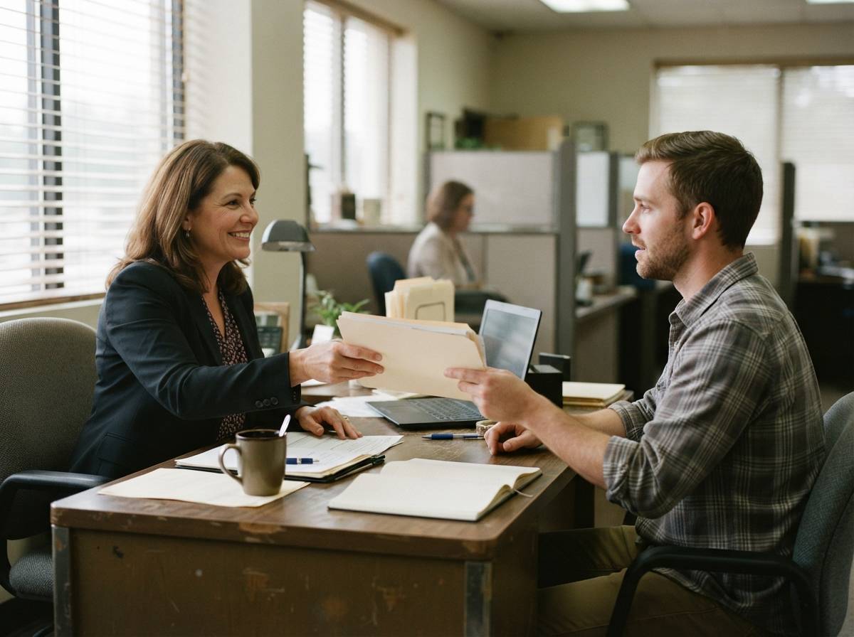 A bank loan officer hands paperwork to a client across a desk.