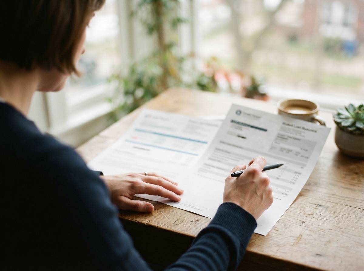 A close up of hands reviewing loan paperwork next to a laptop displaying a credit score page.