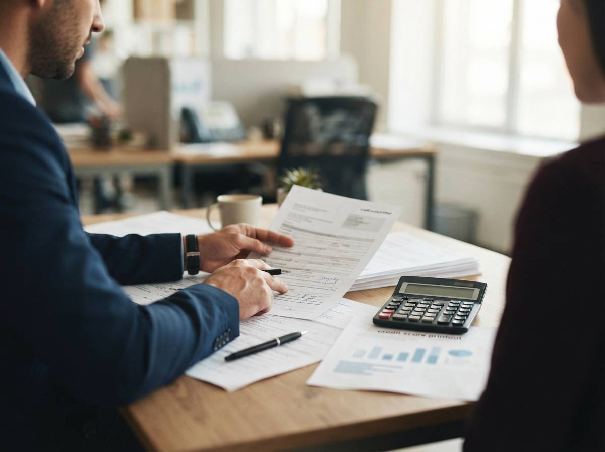 A desk with mortgage paperwork, a calculator, and a credit score printout in natural light.