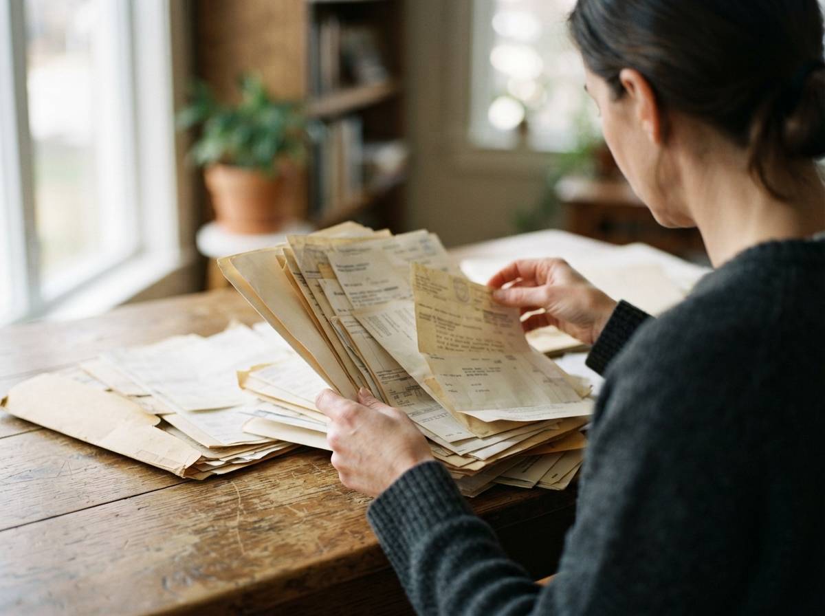 A hand holds a phone during a call with a debt collector while a notepad and old bills sit on the desk.