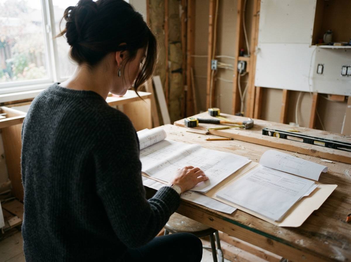 A homeowner reviews home equity line of credit paperwork next to renovation plans in a partially remodeled kitchen.