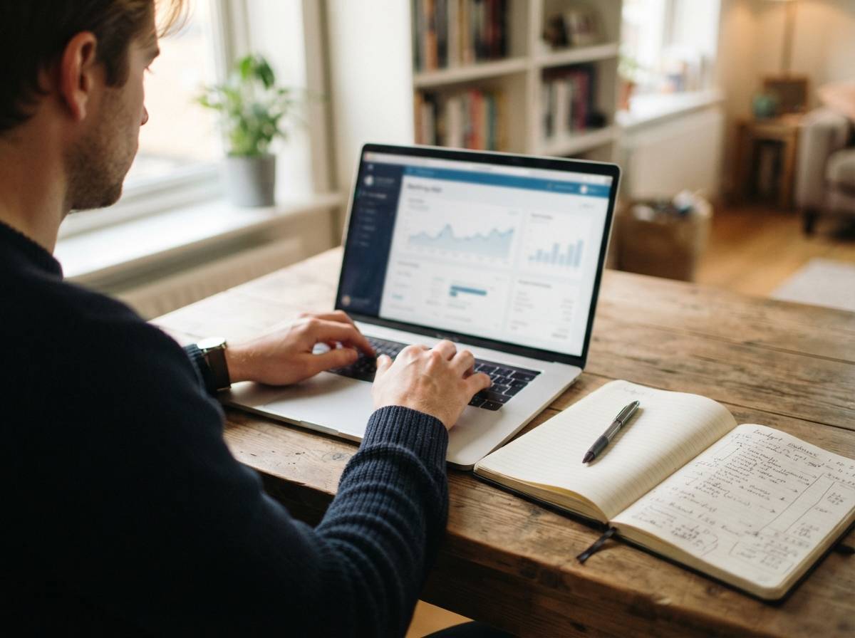 A person checks a budgeting app on their phone while reviewing handwritten notes on debt payments.