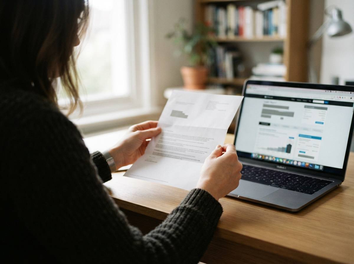 A person holds a phone next to a printed debt collection letter at a home desk.
