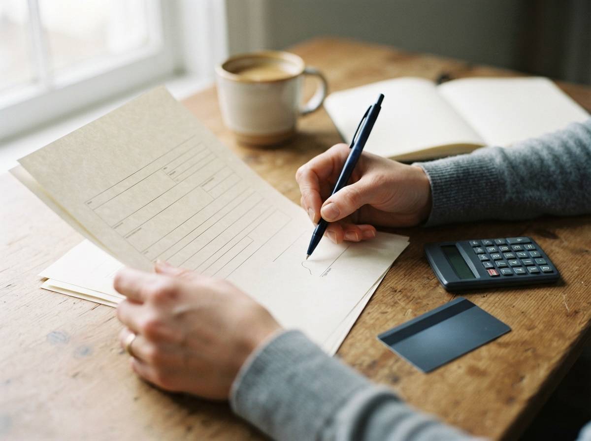 A person reviews an insurance policy document with a calculator and credit card on the desk.