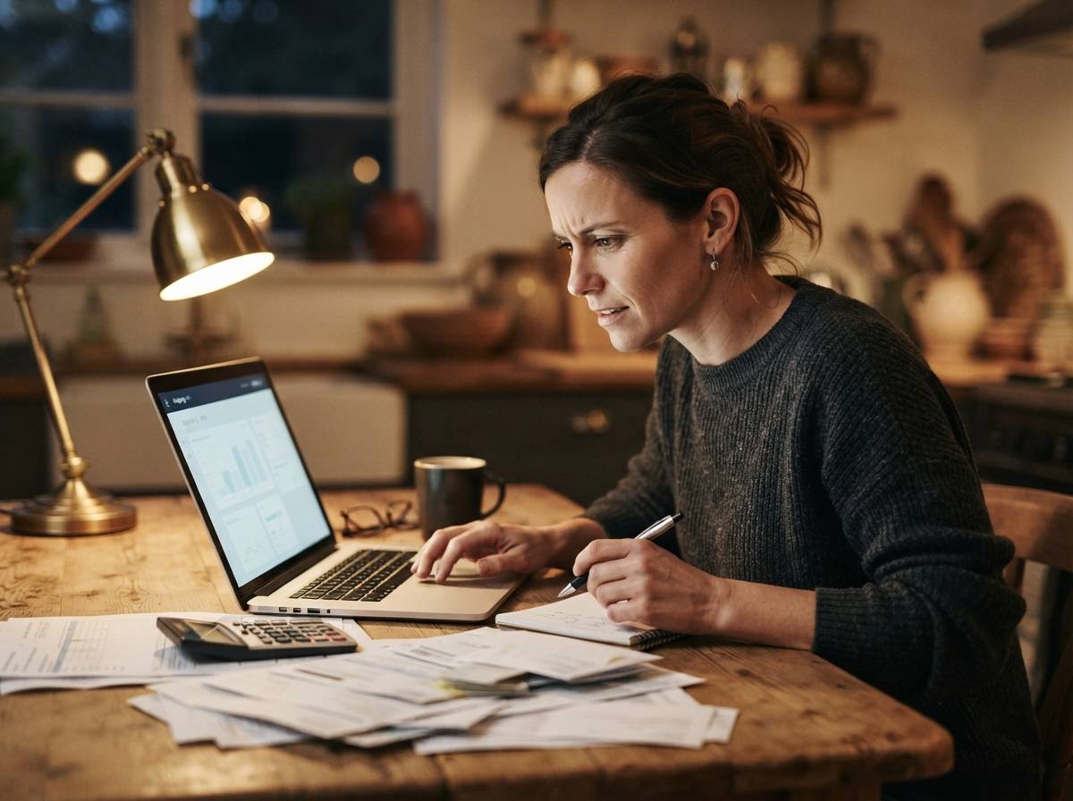 A person reviews bills and a budgeting app on a laptop at their kitchen table.