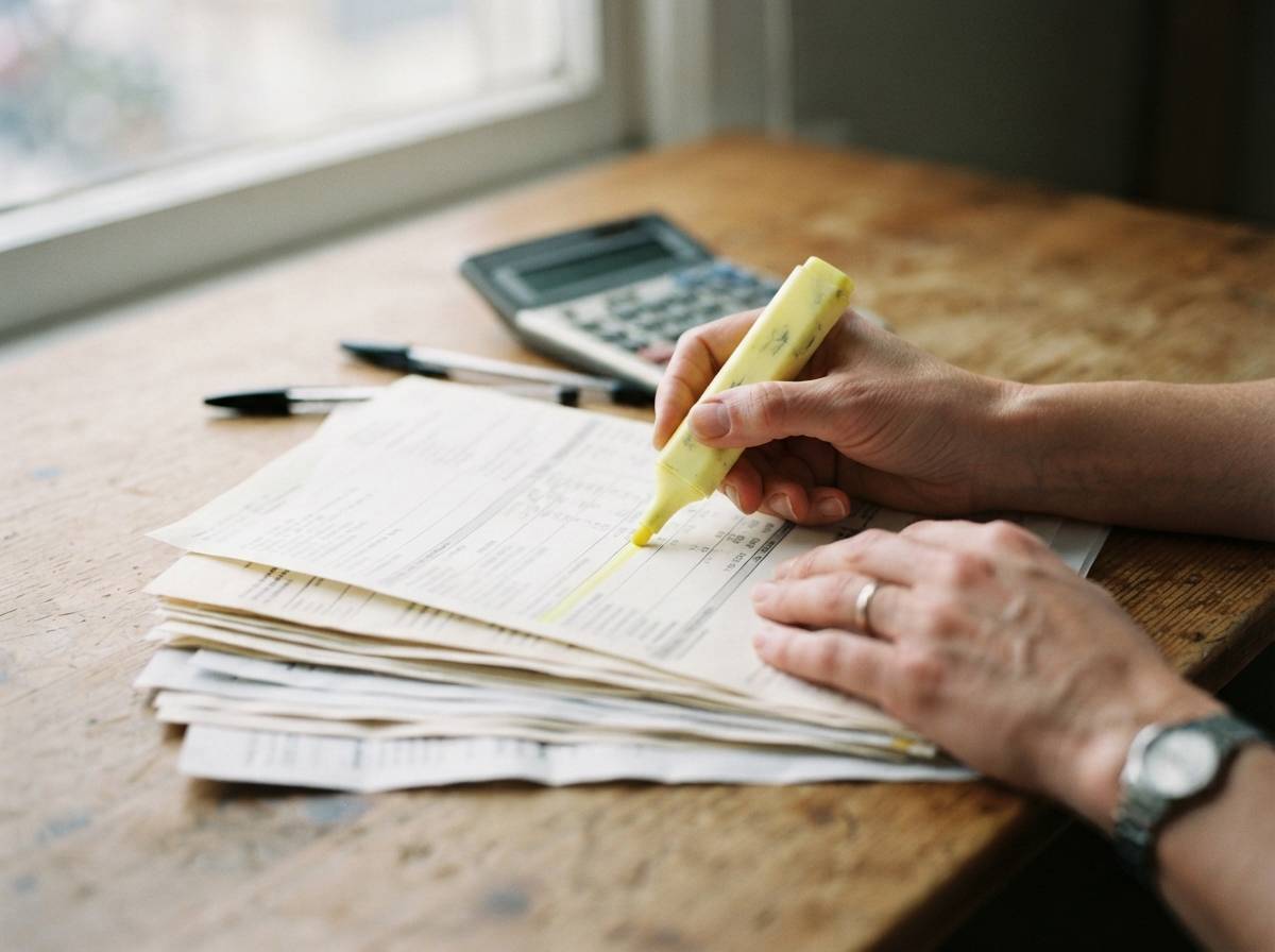 A person reviews stacks of bank statements with a highlighter and calculator on a desk.