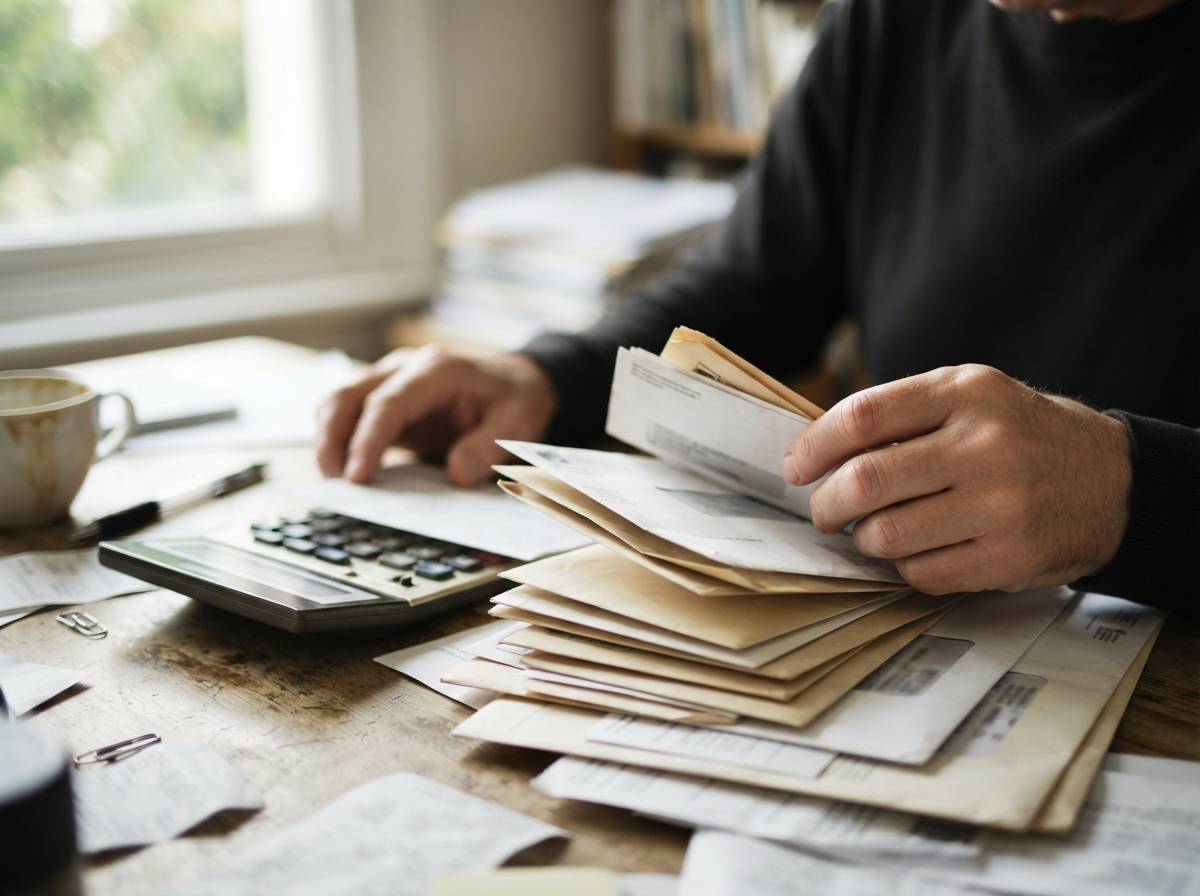 A person's hands sort through overdue bills and a calculator on a desk with credit cards nearby.