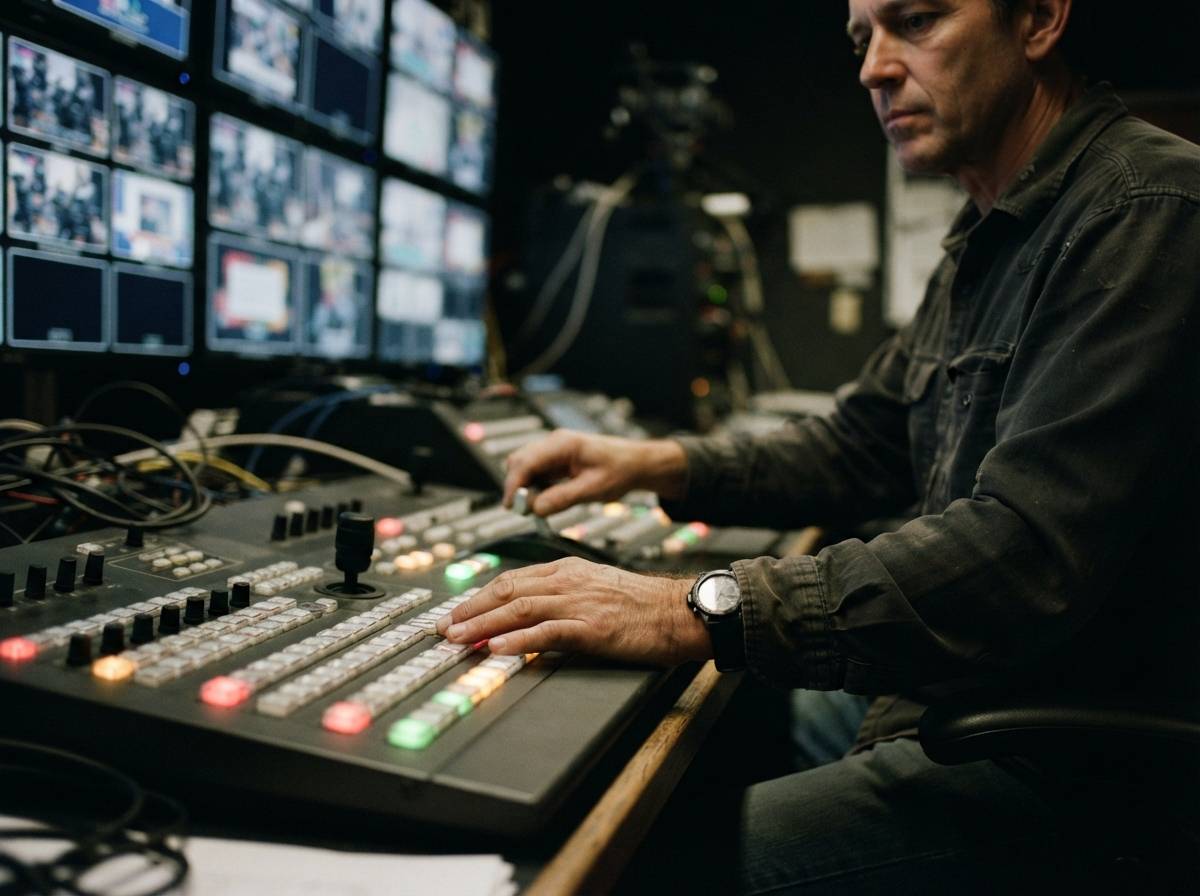 A technical director and producer monitor broadcast screens in a news control room during a live segment.