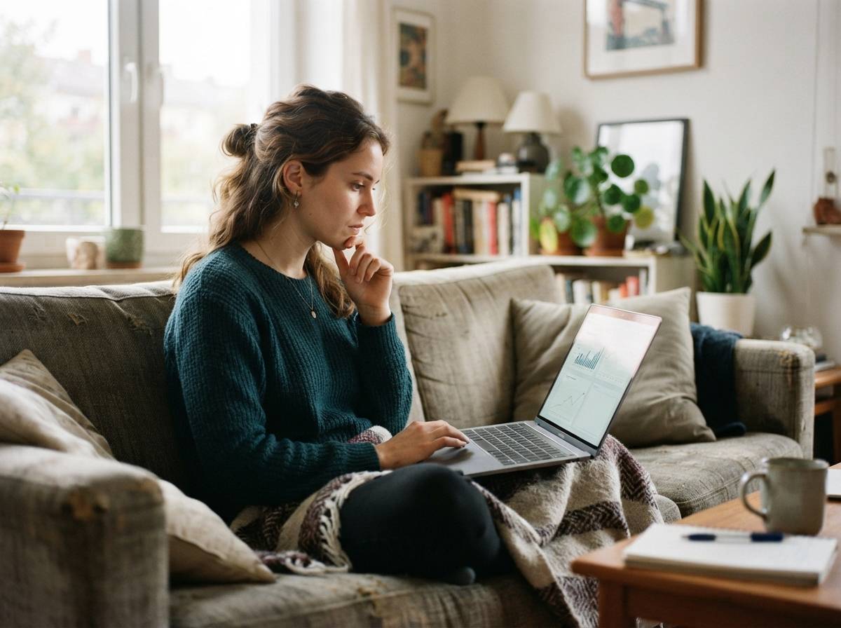 A young woman looks at her credit report on a laptop while sitting on her living room couch.