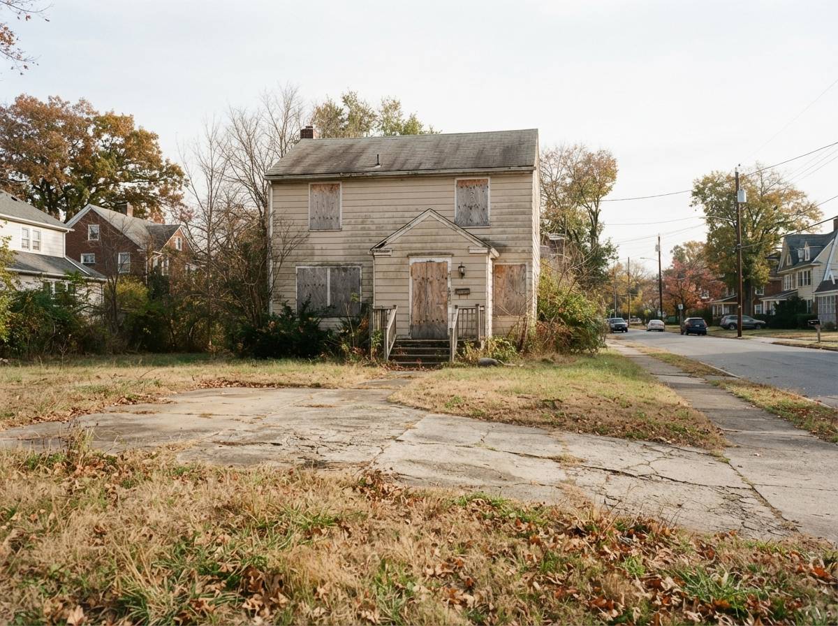 An empty foreclosed house with an overgrown front yard in daylight.
