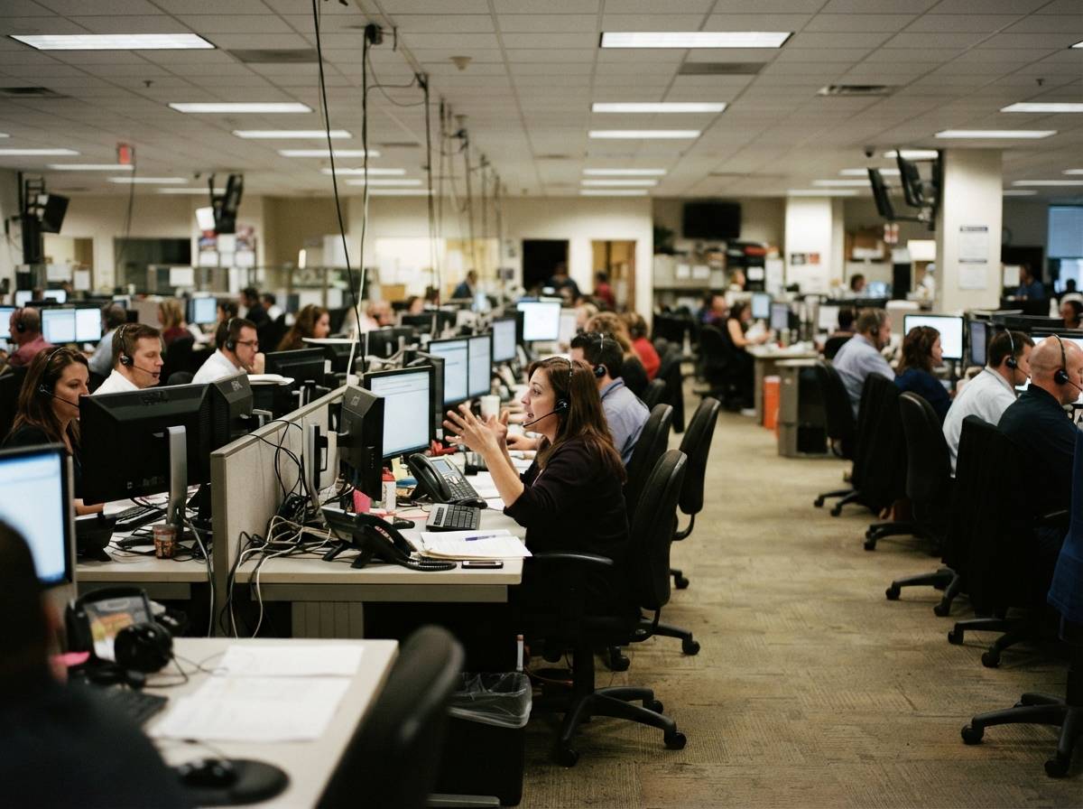 Call center agents wearing headsets work at their desks in a debt collection office.