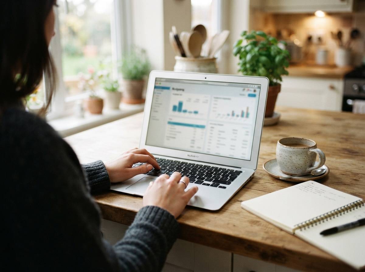 Close up of a person typing into a budgeting app on a laptop at home.
