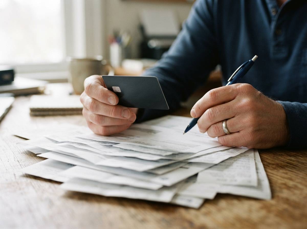 Close up of hands holding a credit card next to a stack of bills on a desk.