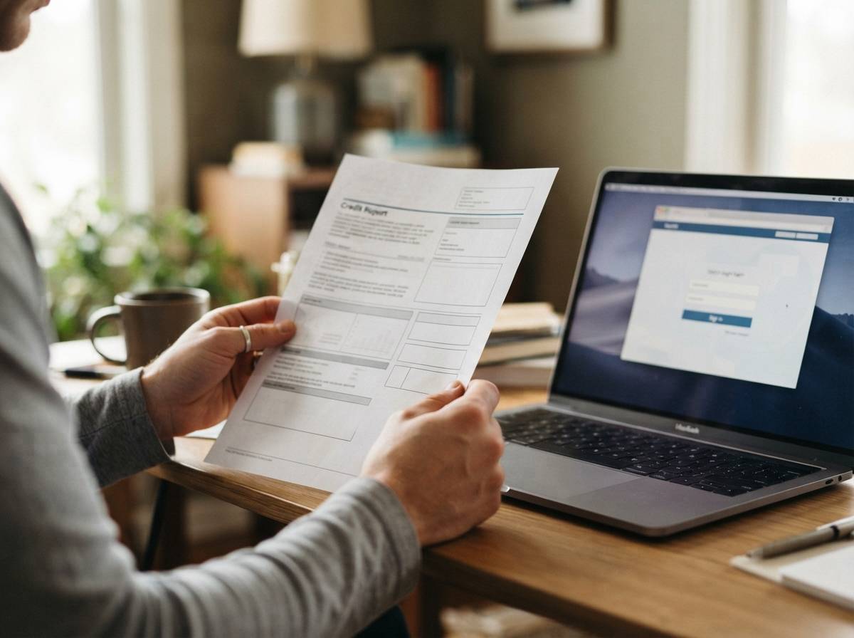 Close up of hands holding a credit report next to an open laptop in a home office.