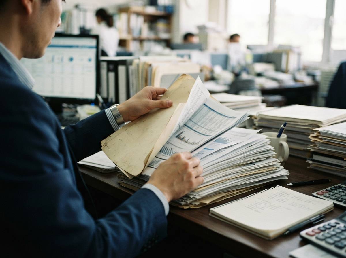 Close up of hands sorting through financial statements and collateral documents on a bank desk.