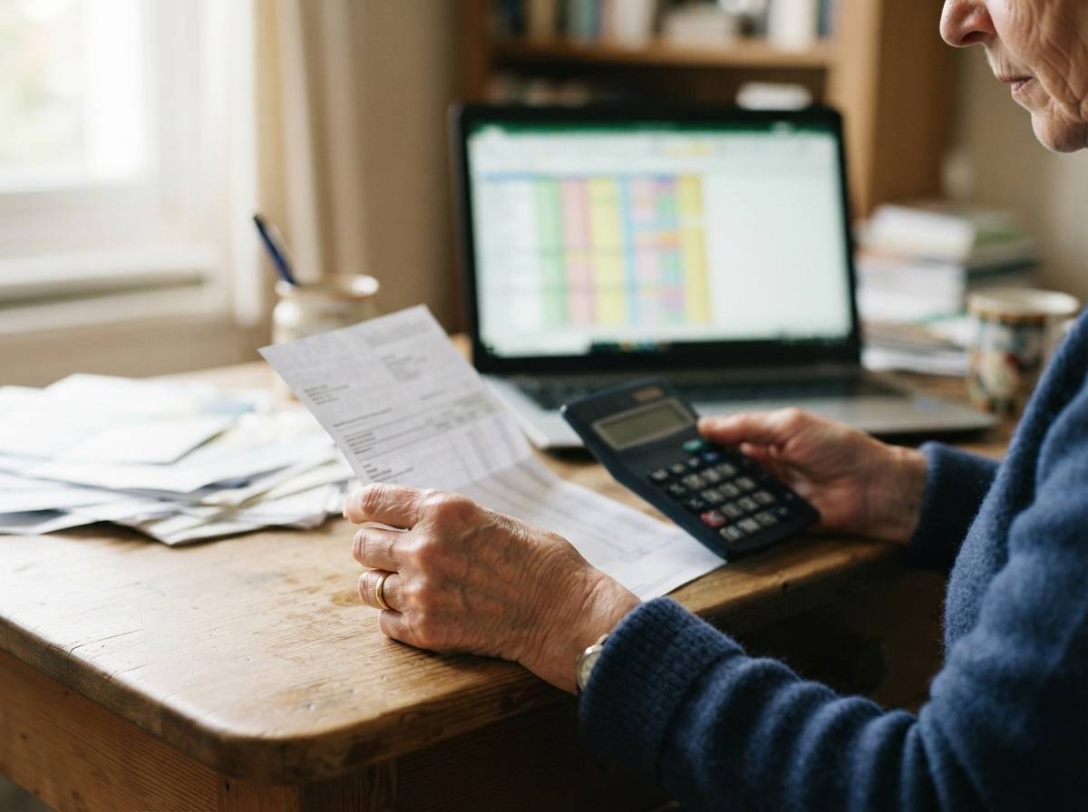 Close up of hands sorting through mortgage and credit card statements on a table.