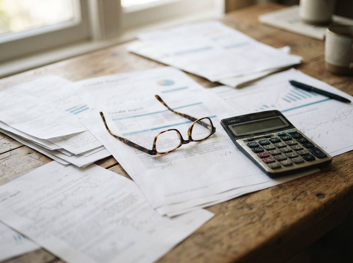 Credit report papers and a calculator sit on a desk in natural light.
