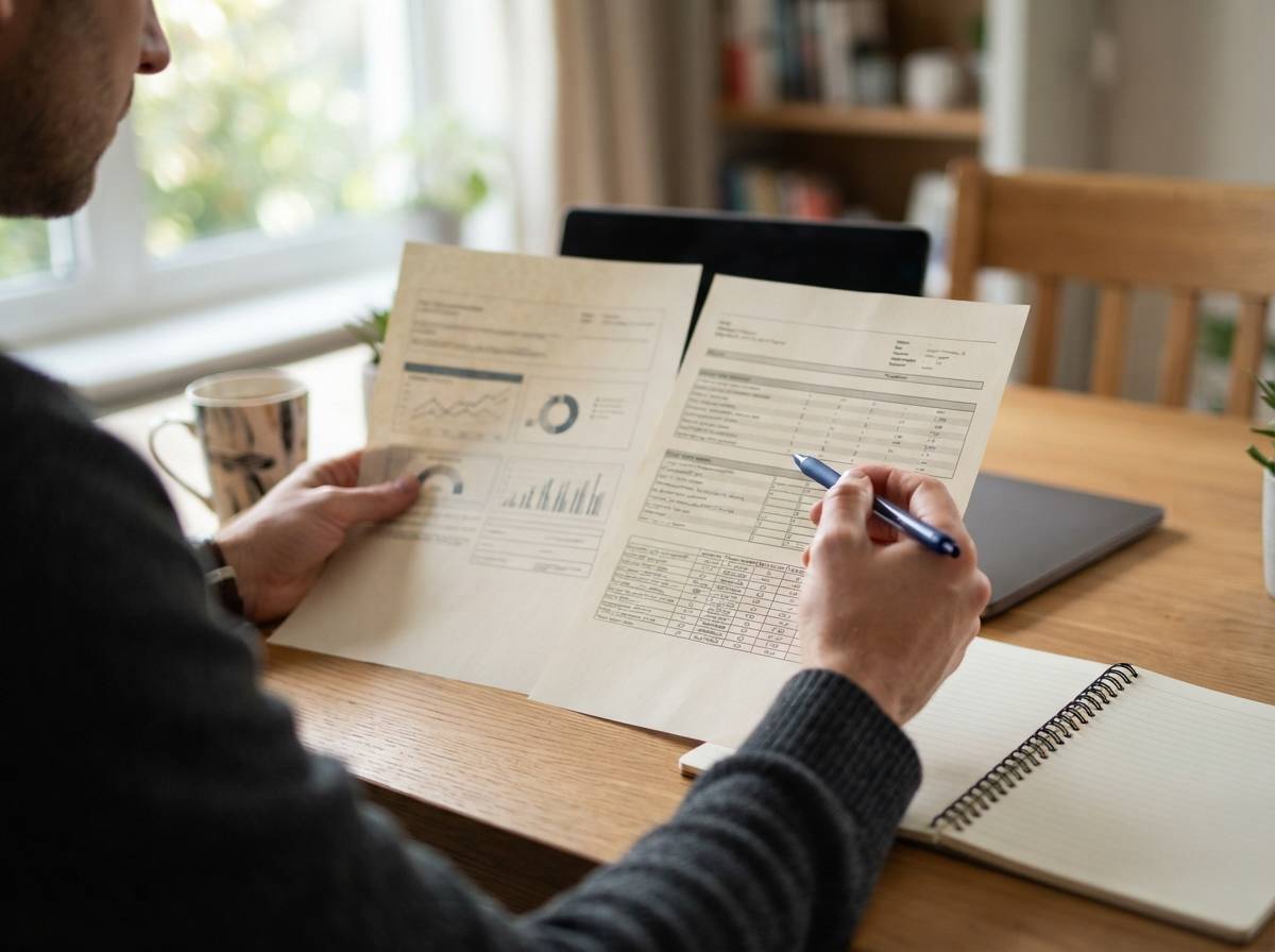 Hands compare two separate credit report documents side by side on a desk.