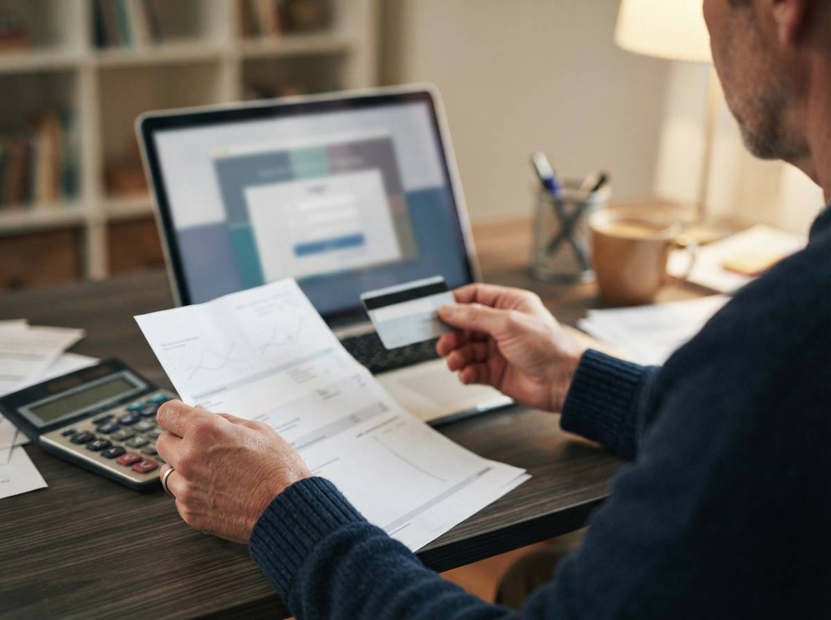 Hands hold a credit card statement beside a calculator and laptop at a home desk.