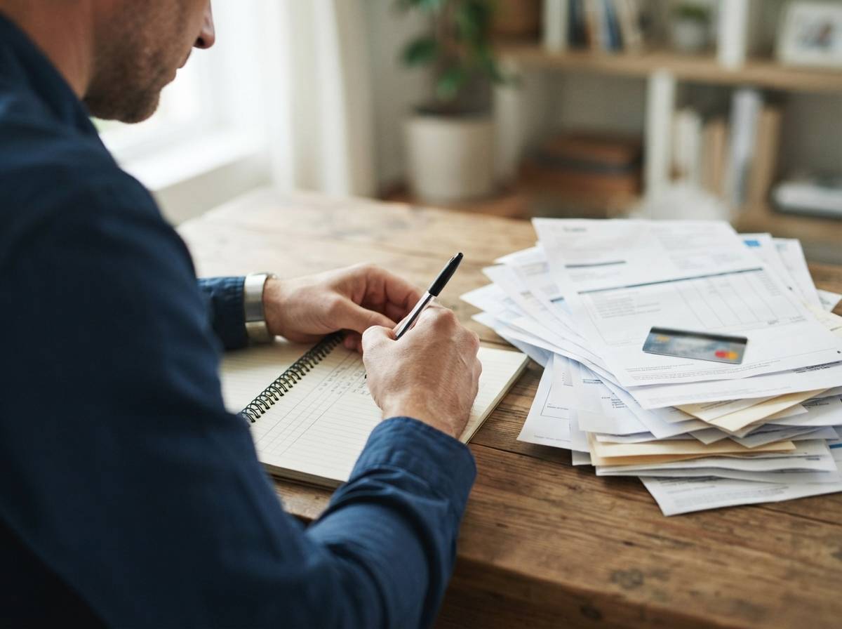Someone writes debt figures into a notebook beside a stack of credit card and loan statements.